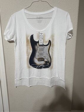 White Graphic Tee with Black & Gold Guitar Print Dolly Parton